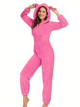 Cute Casual Ear Decor Thick Fleece Hooded Jumpsuit, Autumn/Winter